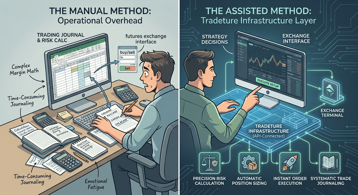 Comparison of the manual trading method's operational overhead against Tradeture's assisted infrastructure layer